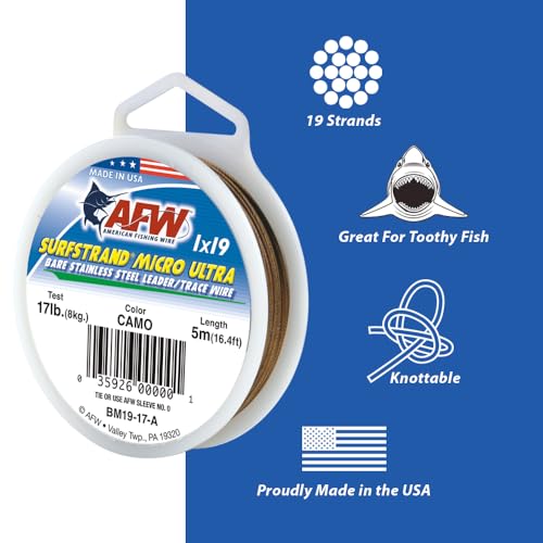 American Fishing Wire Surfstrand Micro Ultra Bare 1x19 Stainless Steel Leader Wire - Fishing Leader Line for Saltwater, 6.6lb Test - 61lb Test, Camo Color, 5m Length - style: 17 Lb / 5 M