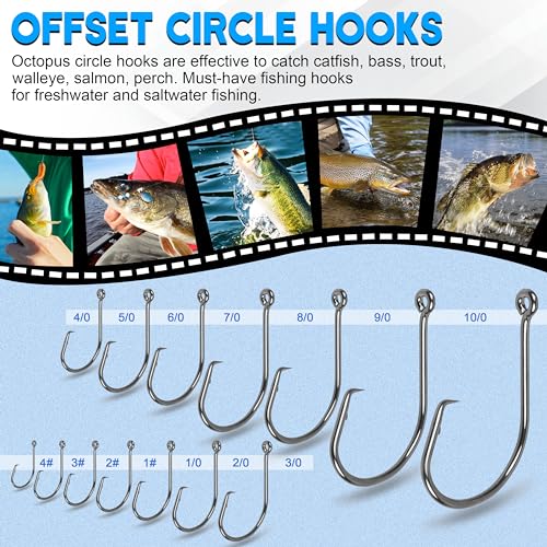 Fishing Circle Hooks Saltwater, 120pcs Catfish Hooks Offset Circle Octopus Fishing Hooks High Carbon Steel Black Nickel 2X Strong Barbed Fishhooks for Bass Trout Catfish Freshwater Size 6#-10/0 - size: 1/0-120pcs