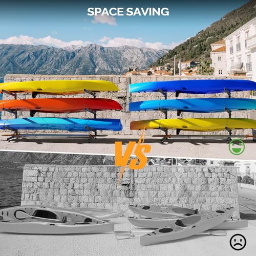 Bonnlo Kayak Storage Rack, Adjustable Heavy Duty Kayak Rack for Kayaks Paddle Boards, Kayak Paddle Holder for Garage, Spacesaver, Gentle on Padding, Boat Organizer - style: 2 Kayaks, Free Standing