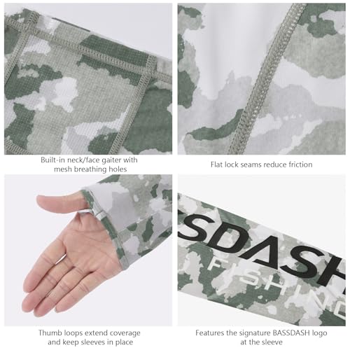 BASSDASH Men’s UPF 50+ Hooded Breathable Camo Shirts with Face Mask Lightweight Neck Gaiter Fishing Hiking Hoodie Shirt FS51M - color: Ash Green Camo, size: X-Large