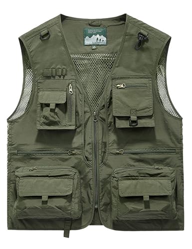 Men's Lightweight Mesh Fishing Vest Utility Outdoor Multi-Pocket Hunting Cargo Vest - color: Army Green, size: X-Large