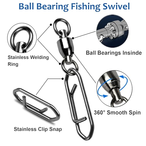 AMYSPORTS High Strength Snap Swivels Stainless Bearing Rolling Fishing Swivel Freshwater Snap Swivels Fishing Clip Steel Black Nickel - size: Size 5+L (133lb) 25 pcs