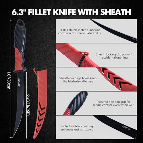 Goture Fishing Tool Kit,Fishing Pliers,Fillet Knife with Sheath,Fish Lip Gripper,Fish Hook Remover,Lanyard,Line Scissors,Sharpener,Stainless Steel Soap,Saltwater Gear Kit,Red/Pink,Gifts for Men/Women - color: A1:9pcs Fishing Tool Kit