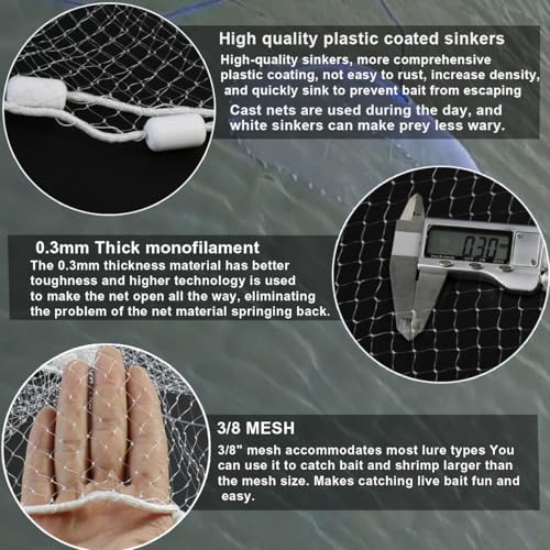 Drasry Saltwater Fishing Cast Net 3/8 and 1/4 Mesh with Heavy Duty Gray Sinker American Monofilament Fish Throw Net for Bait Trap 3FT 4FT 5FT 6FT 7FT 8FT 9FT Radius - size: 5FT Radius, style: 3/8 Mesh 0.6 Lb/Ft