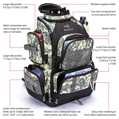 BASSDASH Fishing Tackle Backpack Water Resistant Tactical Bag Soft Tackle Box with Rod Holder and Protective Rain Cover - color: Jungle Camo Backpack [3670] Without Trays