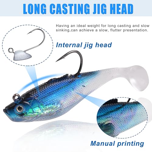 Pre-Rigged Swimbaits, 6/12pcs Paddle Tail Swim Baits Swim Shad Jig Head Fishing Lures Soft Plastic Swimbaits for Bass Trout Walleye Crappie - size: 3.93inch/0.96oz, style: 6pcs