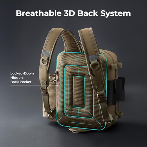 Piscifun Fishing Tackle Backpack, 3-Way Carry with Rod Holders | 16 smart pockets, 2 rod holders, Rain cover, Breathable back support, Convertible sling/waist/backpack carry - color: Khaki