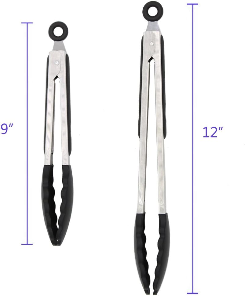 2 Pack Black Kitchen Tongs, Premium Silicone BPA Free Non-Stick Stainless Steel BBQ Cooking Grilling Locking Food Tongs, 9-Inch & 12-Inch