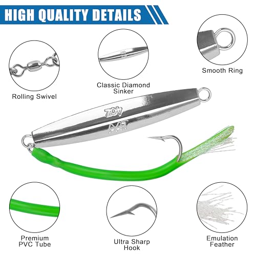 Diamond Jig Saltwater Fishing Lures Casting Jigging Spoon with Tube Tail Stainless Steel Hooks Trolling Lures Striped Bass Metal Jig for Deep Sea Surf Fishing Bottom Dragging Sinking - color: Green, size: 3 oz