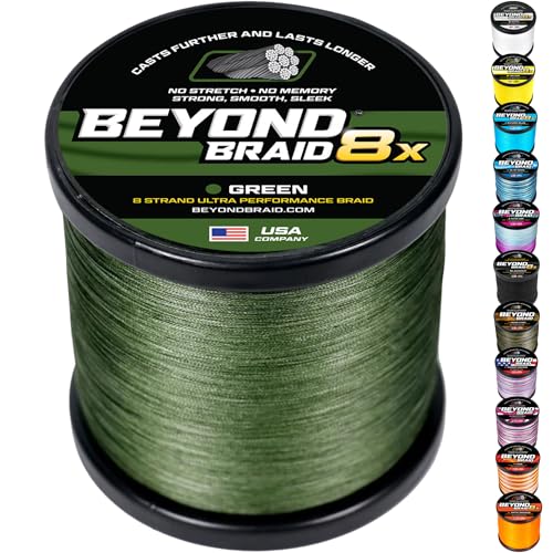 Beyond Braid Braided Fishing Line -Super Strong - Abrasion Resistant - No Stretch -Blue Camo, Moss Camo, White, Green, Pink, Blue, 4 Strand 8 Strand - color: Green 8X - No Fade, size: 30LB (150 Yards)