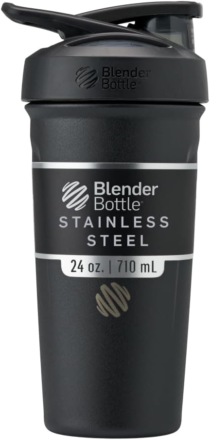 BlenderBottle Strada Shaker Cup Insulated Stainless Steel Water Bottle with Wire Whisk, 24-Ounce, Black