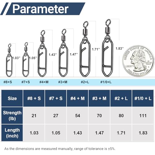 QISHUO Stainless Steel Fishing Swivels Lure Tackle Clips Snap Swivels Strength Barrel Saltwater Swivel Fishing Rolling Black Nickel - size: Size 3+M (70lb) 50 pcs