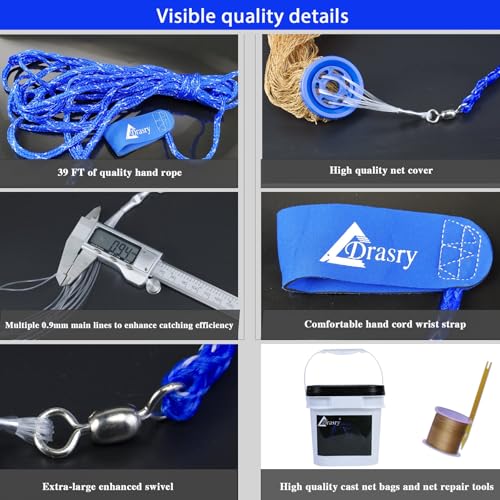 Drasry Saltwater Fishing Cast Net for Bait 3/8 1/4 or 1/2 with Heavy Sinkers Fish Trap Throw Net. Size 3ft/4ft/5ft/6ft/7ft/8ft/9ft/10ft Radius Freshwater Nets - size: 8FT (240cm) Radius, style: Lead Sinkers-0.5 in Mesh-tire Lines