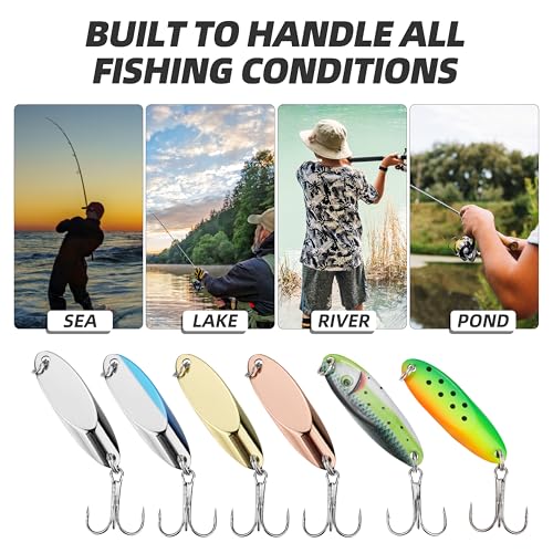 Jigging Spoon Fishing Lure Set 6-Pack Metal Saltwater & Freshwater Casting Spoon Hooks Premium Durable Treble Hooks for Bass, Salmon & Trout Fishing - size: 1/4 oz
