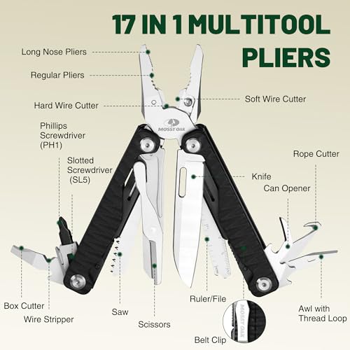 MOSSY OAK 17-in-1 Multitool Pliers CNC-Machined Steel G10 Handle | Includes nylon sheath and belt clip with anti-slip G10 handle for camping, hiking, hunting, survival, and EDC use - style: 17-in-1 with CNC Pliers & G10 Handle