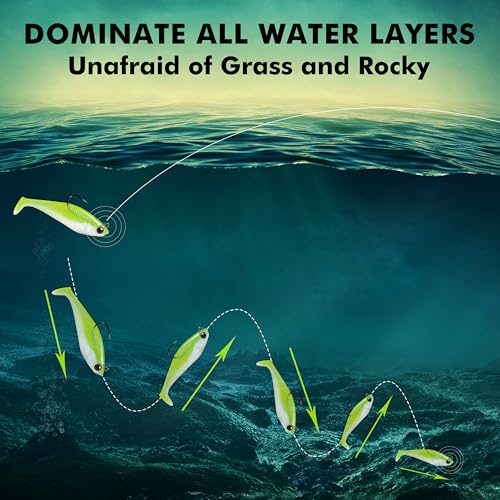 Pre-Rigged Soft Fishing Lures, Easy Catch Swimbaits for Bass Trout | Paddle & Curly Tail, Swim Baits for More Bites, Freshwater & Saltwater Fishing Bait, Crappie Walleye Pike Lures, Value Pack - color: A2-3.5"-0.75oz