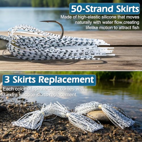 Goture Spinner Baits, Hard Metal Spinnerbaits Kit with 4 Spinner Blades, Spare Skirts Replacement, Buzzbait Spinnerbaits Fishing Lures for Bass Trout Pike Salmon Walleye Freshwater Saltwater - color: B1:2pcs(White & Gold), size: 10g 3/8oz