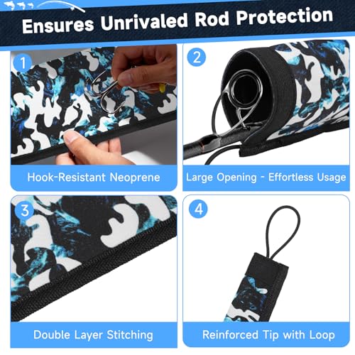 Neoprene Fishing Rod Sleeves for Casting, Spinning, Trolling Pole - Protective Cover Rod Sock with Hanging Loop & Lanyard- Floating, Puncture Resistant, Lightproof - size: 58", style: 5 Pcs