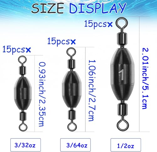 15Pcs Fishing Weights Swivel Bullet Sinkers Brass Fishing Weights | Saltwater Freshwater Bass Sinker Fishing Weights with Swivel Rolling - size: 1/32oz