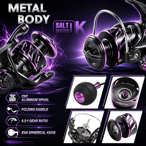SOUGA Spinning Reel, Black Purple Metal Body Fishing Reel for Bass Pike Freshwater Light Saltwater, 9+1 BB, 5.2:1 Gear Ratio, CNC Aluminum Spool, Foldable Left Right Handle, EVA Knob,Size 1000-4000 - size: 4000