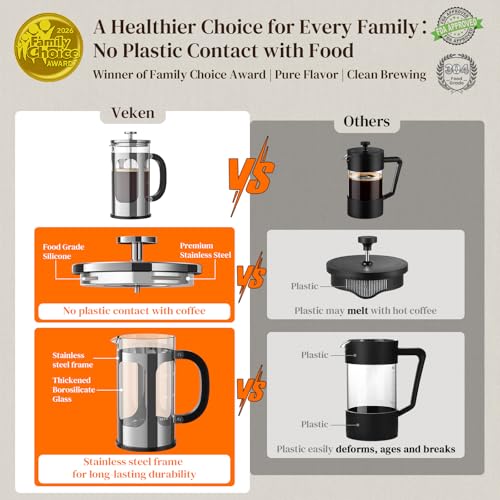 Veken French Press Coffee Maker 34oz 1 L, No Plastic Touching Cafe, Heat Resistant Thickened Borosilicate Glass, Stainless Steel Brewer, Cold Brew Cafetera Teapot for Kitchen Travel Camping, Silver