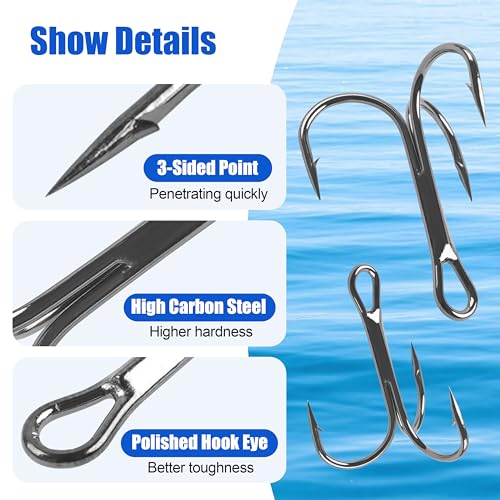 OROOTL Treble Fishing Hooks, 60pcs High Carbon Steel Treble Hooks with Ultra Sharp Barb Corrosion-Resistant Round Bend Triple Hooks for Lures Freshwater Saltwater - size: Size 4#, Pack of 60