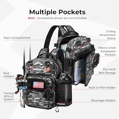 Piscifun Fishing Tackle Backpack, 3-Way Carry with Rod Holders | 16 smart pockets, 2 rod holders, Rain cover, Breathable back support, Convertible sling/waist/backpack carry - color: Black Camo