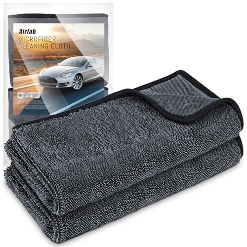 Airlab Microfiber Towels Cars Wash Drying Cleaning Cloth, Black-Grey | Thick Plush Auto Detailing Super Absorbent for Interior & Exterior Lint Free, Streak Free, 24 x 16 Inch, Pack of 2 - color: Black-grey