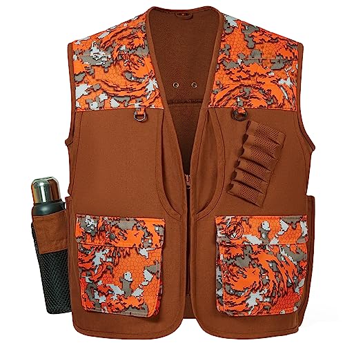 BASSDASH Upland Game Field Water-Resistant Bird Hunting Vest with Multi Pockets Men Women FV11 - color: Brown/Flame Camo, size: X-Large