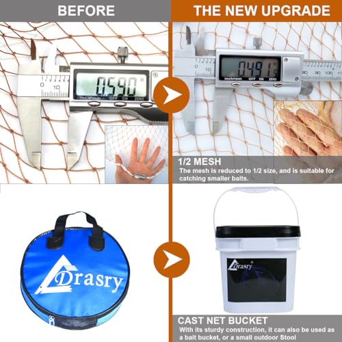 Drasry Saltwater Fishing Cast Net for Bait 3/8 1/4 or 1/2 with Heavy Sinkers Fish Trap Throw Net. Size 3ft/4ft/5ft/6ft/7ft/8ft/9ft/10ft Radius Freshwater Nets - size: 4FT (120cm) Radius, style: Lead Sinkers-0.5 in Mesh-tire Lines