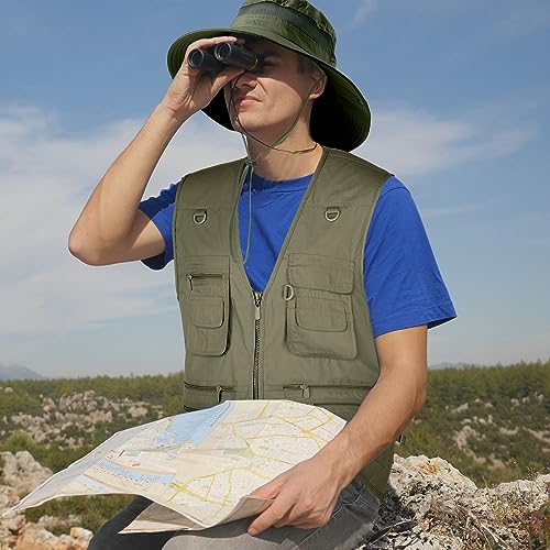 Janmercy 2 Pieces Men's Work Fishing Vest with Hat Lightweight Safari Travel Hunting Waistcoat With Multi Pockets Fishing Hat - color: Army Green, size: XX-Large