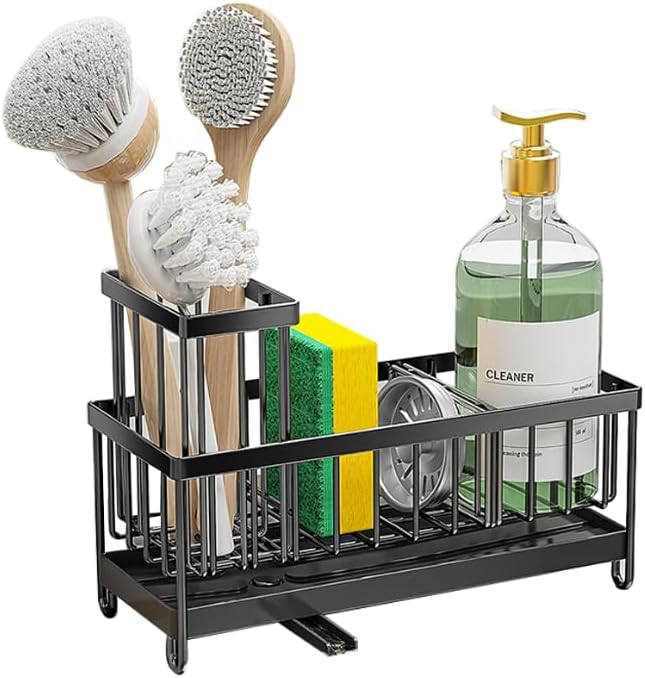 Success Goods Kitchen Sink Caddy Organizer – Stainless Steel Sponge Holder with Brush Holder, Countertop Dish Soap Rack, Black