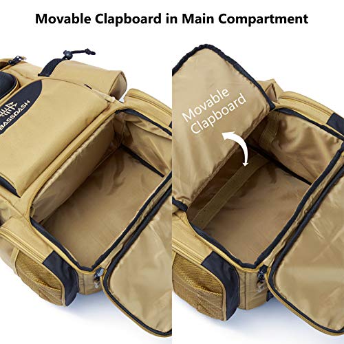 BASSDASH Fishing Tackle Backpack Water Resistant Tactical Bag Soft Tackle Box with Rod Holder and Protective Rain Cover - color: British Khaki Backpack [3600] Without Trays