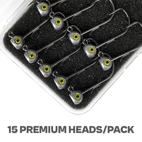 15-Pack Fish Eye Ned Rig Jig Heads with Welded Wire Bait Keeper – 1/16 3/32 1/8 3/16 1/4oz with 2/0 3/0 Hooks, Chartreuse Eyes, Secure Finesse TRD Hookup for Bass Fishing - size: 1/16oz - 15Pack