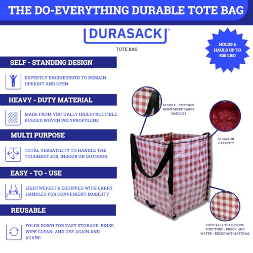 DURASACK Heavy Duty Storage Tote Bag 22-Gallon, Gingham Red, Pack of 4 | Rugged Woven Polypropylene Moving Bag, Reusable Self-Standing Design, Holds up to 500 Pounds - color: Gingham Red, size: Pack of 4