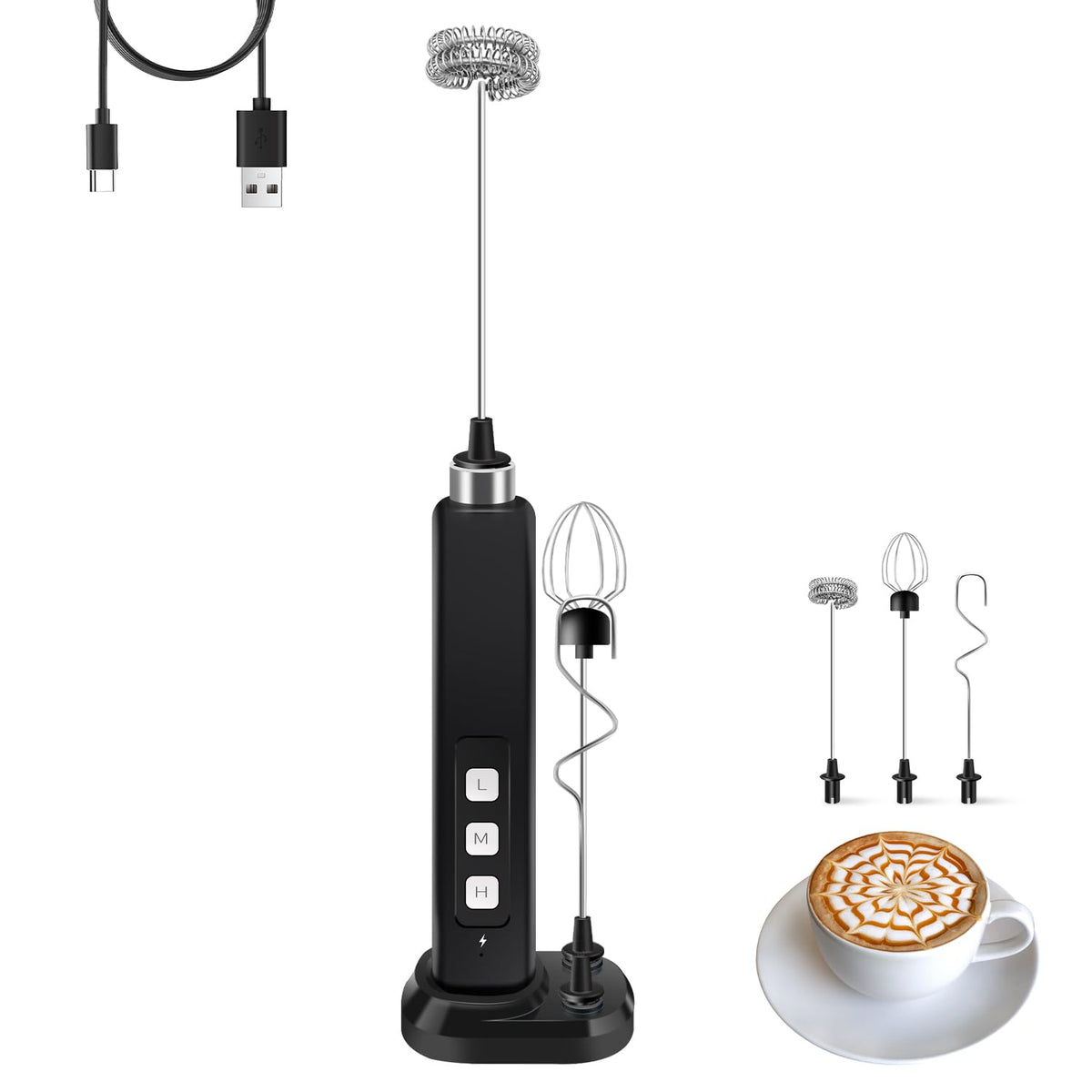 Rechargeable Milk Frother Handheld with 3 Detachable Stainless Whisks, 3 Speed Adjustable Drink Mixer, Mini Frother Wand for Coffee, Matcha, Protein Shakes, with Charging Base and Whisk Storage