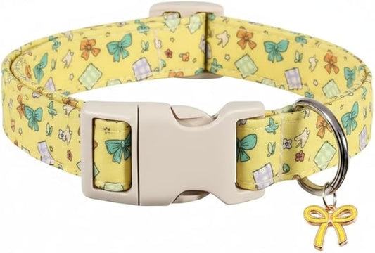Cute Dog Collar with Yellow Bow Pattern, Girl Dog Collar for Small Dogs, Adjustable Spring/Summer Puppy Collar Made of Soft Fabric and Quick Release Buckle, S