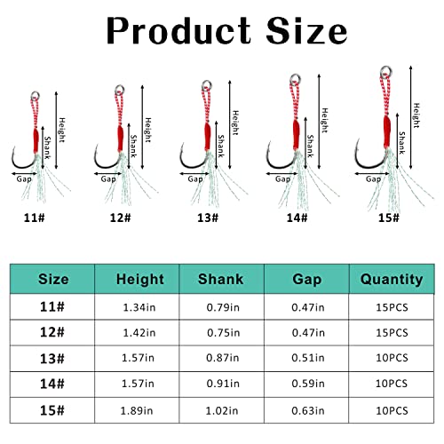 Fishing Assist Hooks Kit, 60pcs Stinger Jigging Assist Hooks Slow Pitch Jig Fishing Hooks Saltwater with Mylar Flash Teasers PE Line for Vertical Jigging Lures