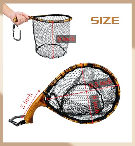 Fly Fishing Net with Release, Lightweight Trout Fishing Net with Wooden Handle Frame, Rubber-Coated Mesh Landing Nets for Minnow, Catch and Release