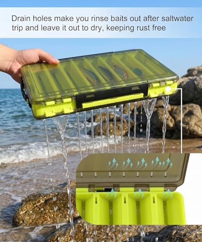 Fishing Tackle Boxes Lure Organizer: 2 Packs Hard Bait Storage Box - Double Sided Fishing Lure Case with 14 Compartments Container (Chartreuse, L) - color: Chartreuse