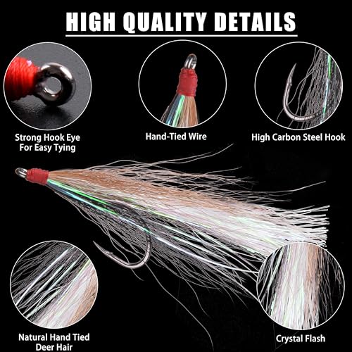 Bucktail Teasers Fishing Hooks Saltwater Flounder Rig Bucktail Mylar Teasers Inserted Fishing Teaser Hooks for Jigs Spoons Lures Hi/Lo Rig Striped Bass Bluefish Flounder Surf Bottom Fishing - color: Black-grey, size: 12pcs
