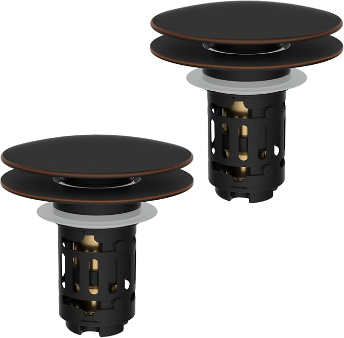 Hibbent 2 Pack 3 in 1 Bathroom Sink Drain Strainer, Pop Up Sink Stopper with Big Push Cap, Anti-Clogging Metal Filter Basket,Sink Plug with Hair Catcher for 1.1''~2.36'' Basin, Oil-Rubbed Bronze