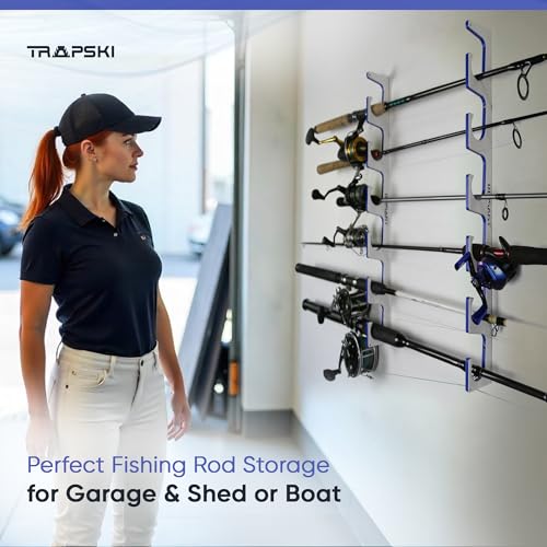 TRAPSKI Made in the USA Premium Fishing Rod/Pole Holder Rack Organizer | Wall or Boat Mounting Fishing Rod Rack | Marine Grade HDPE Plastic | Pole Holder for up to 3 Rods | Stackable - color: H3 White/Blue