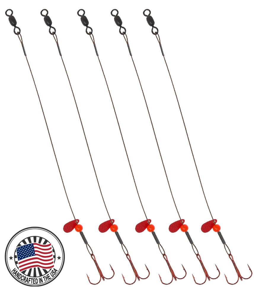 Tooth Shield Tackle Ice Fishing Tip Up Leader Rig (90 lb) Ice Fishing Sucker Walleye Pike Musky Predator Rig (5 Pack) (Camo/Red Bead/Flipper) Made in the USA - size: Hook Size 8
