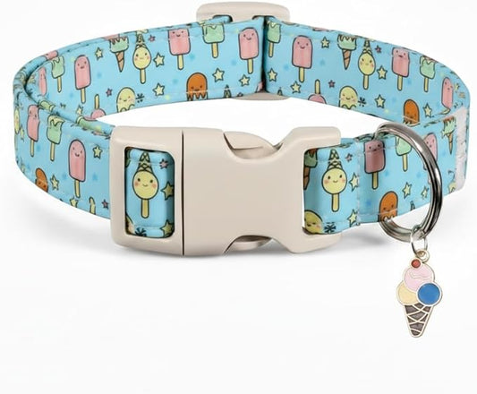 Small Dog Collar, Cute Dog Collar with Ice Cream Print and Charm for Girls Boys Dogs, Adjustable Blue Pet Collar for Small Dogs, Spring Summer Design Collar, S