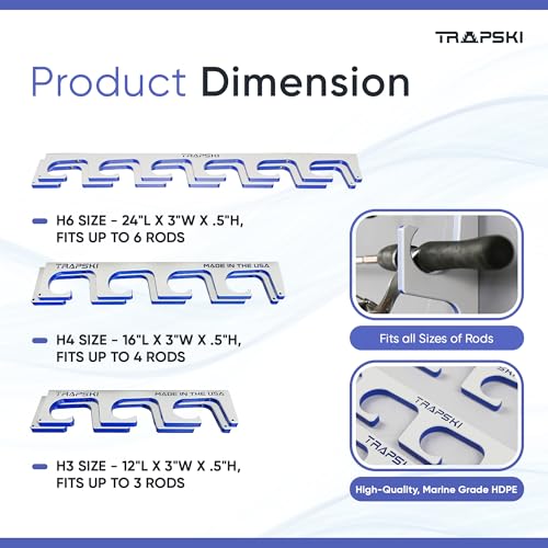 TRAPSKI Made in the USA Premium Fishing Rod/Pole Holder Rack Organizer | Wall or Boat Mounting Fishing Rod Rack | Marine Grade HDPE Plastic | Pole Holder for up to 3 Rods | Stackable - color: H3 White/Blue
