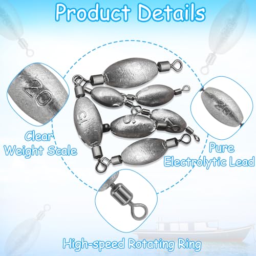 15Pcs Fishing Weights Sinkers Inline Trolling Sinkers with Inner Swivels | Egg Sinkers Oval Drop Shot Weights Lead for Saltwater Freshwater Fishing - size: 1oz-15Pcs