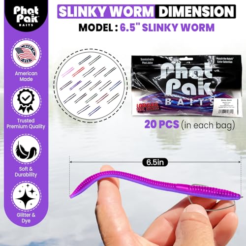 Phat Pak Baits - Slinky Worm Zoom Trick Worm Style Straight Tail Floating Worm Bass Fishing Lure 20ct 6.5" - color: Bama Bug