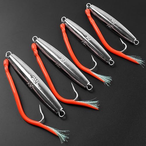 Diamond Jig Saltwater Fishing Lures Casting Jigging Spoon with Tube Tail Stainless Steel Hooks Trolling Lures Striped Bass Metal Jig for Deep Sea Surf Fishing Bottom Dragging Sinking - color: Red, size: 6 oz