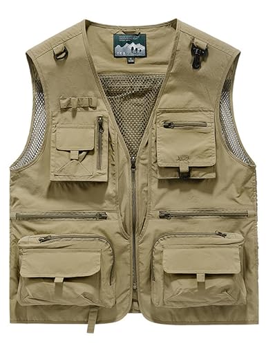 Men's Lightweight Mesh Fishing Vest Utility Outdoor Multi-Pocket Hunting Cargo Vest - color: Khaki, size: XX-Large